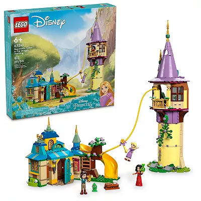 This LEGO set features Rapunzel's tower with a slide and a separate castle section, including three figures representing Rapunzel, Flynn, and a small green chameleon.