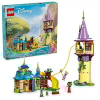 This LEGO set features Rapunzel's tower with a slide and a separate castle section, including three figures representing Rapunzel, Flynn, and a small green chameleon.