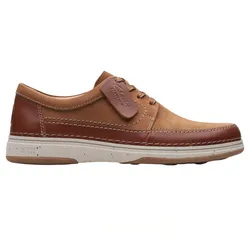 Brown leather casual shoe with lace-up closure, featuring Clarks branding on a tag and a cushioned white sole with \“Active Air\“ technology.