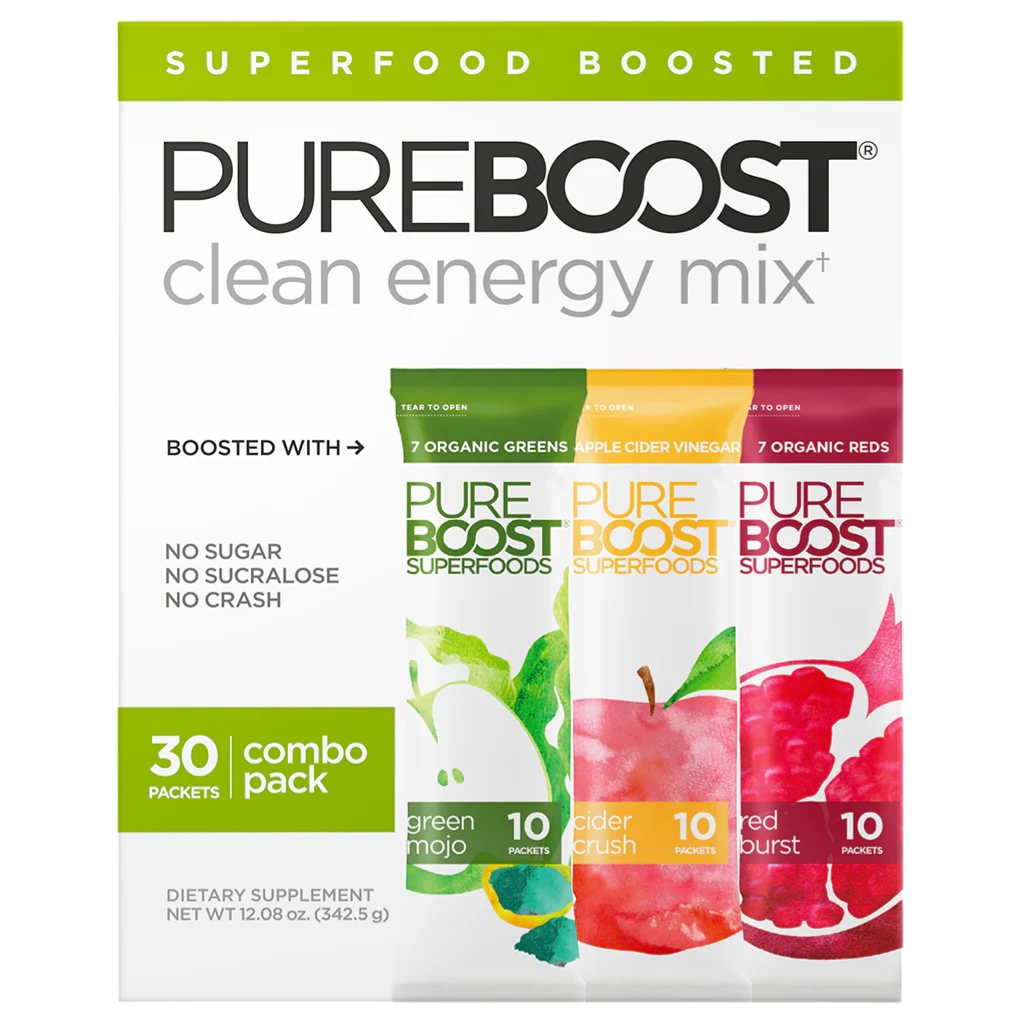 PureBoost clean energy mix features 30 packets in a combo pack with flavors: Green Mojo, Cider Crush, and Red Burst. It's a dietary supplement with no sugar, sucralose, or crash, enhanced with organic greens, apple cider vinegar, and organic reds.