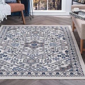 A 5\“ x 7\“ stain-resistant area rug with a geometric and floral pattern in neutral tones of gray, blue, and beige, placed in a modern living room setting.