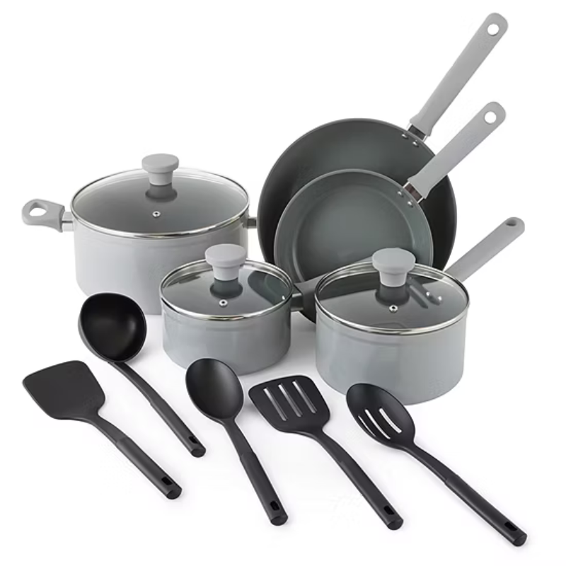 A 10-piece non-stick cookware set in gray, featuring two frying pans, two saucepans with lids, a Dutch oven with lid, and four black utensils: a spatula, a spoon, a slotted spatula, and a slotted spoon.