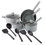 A 10-piece non-stick cookware set in gray, featuring two frying pans, two saucepans with lids, a Dutch oven with lid, and four black utensils: a spatula, a spoon, a slotted spatula, and a slotted spoon.
