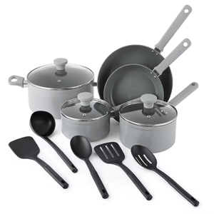 A 10-piece non-stick cookware set in gray, featuring two frying pans, two saucepans with lids, a Dutch oven with lid, and four black utensils: a spatula, a spoon, a slotted spatula, and a slotted spoon.