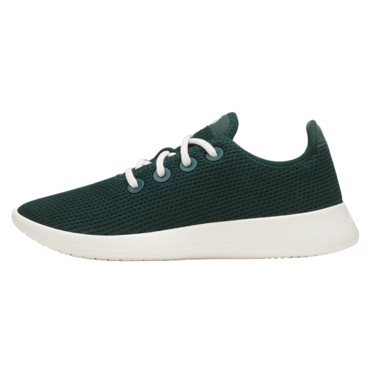 A dark green sneaker with a white sole and white laces, featuring a mesh fabric design for breathability.