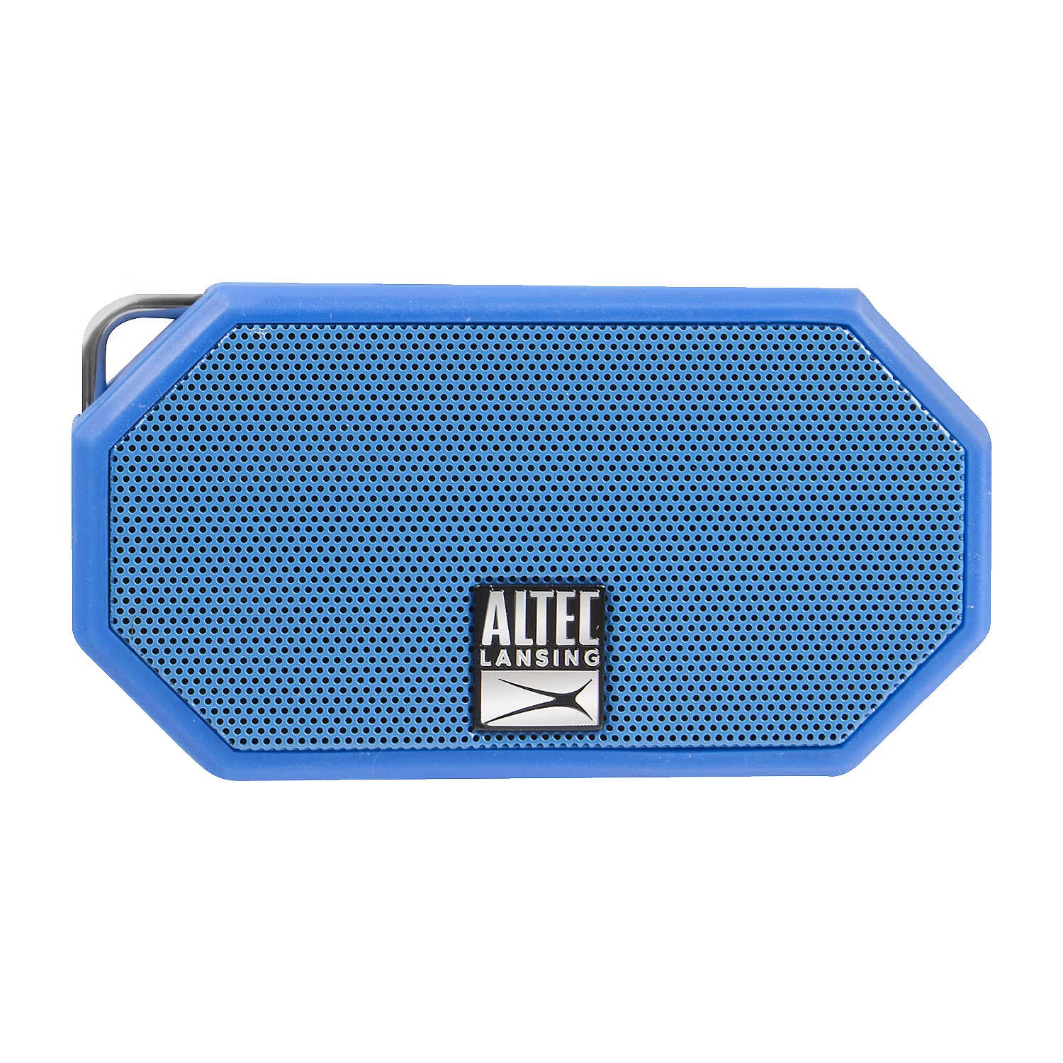 This is a blue, hexagonal-shaped Altec Lansing mini Bluetooth speaker with a metallic grill front, the brand's logo prominently displayed, and a side carrying handle.