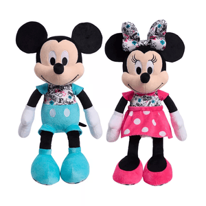 Plush dolls of classic cartoon characters, one in turquoise shorts and the other in a pink polka-dot dress with a matching bow.
