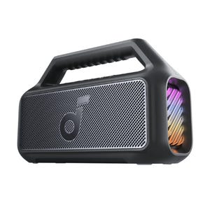 Portable Bluetooth speaker with a sturdy handle, featuring a front-facing grille and vibrant multicolored LED lights on the side.