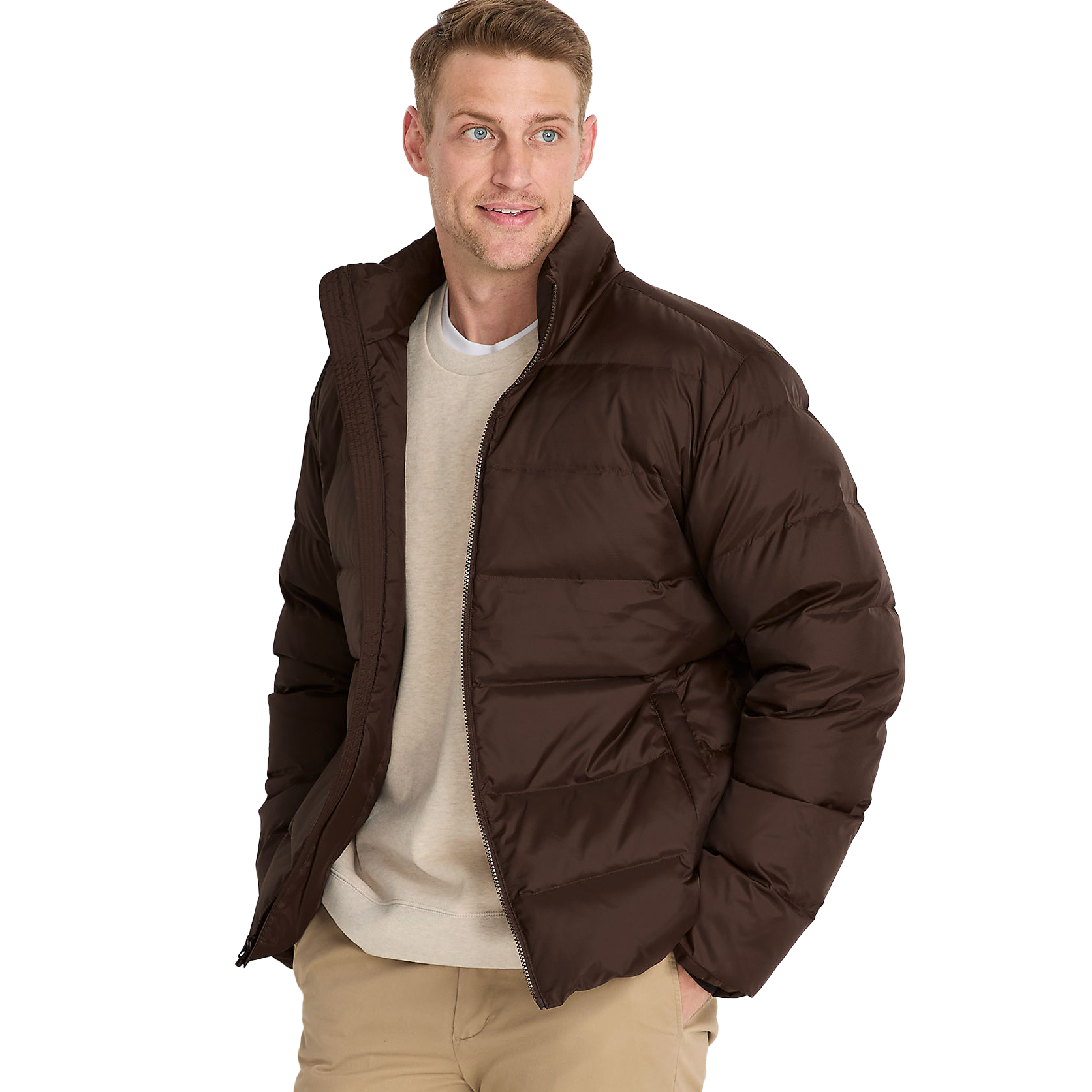 Lands' End Max 600 Down Puffer Jacket features a dark brown color, quilted design, and front zip closure. The jacket is worn over a light-colored sweatshirt and paired with beige pants.