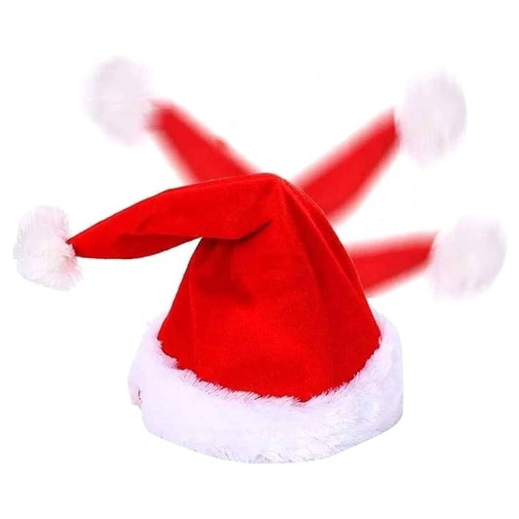 A red Santa hat with multiple protruding white pom-poms arranged in a radial pattern.