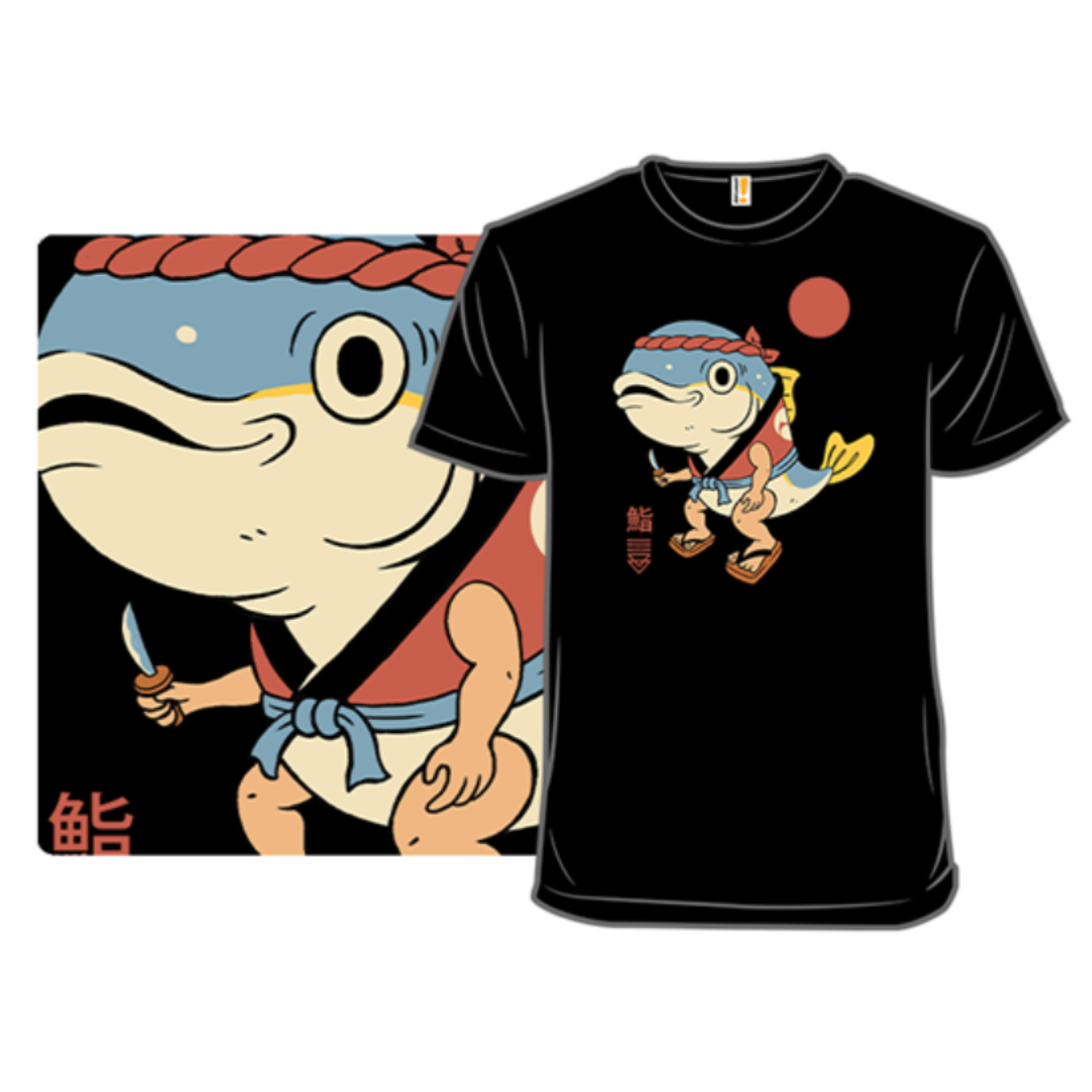 Black t-shirt and matching poster featuring an anthropomorphic frog character with a sword and a shield.