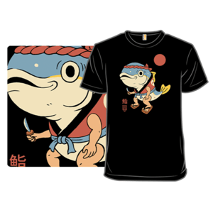 Black t-shirt and matching poster featuring an anthropomorphic frog character with a sword and a shield.