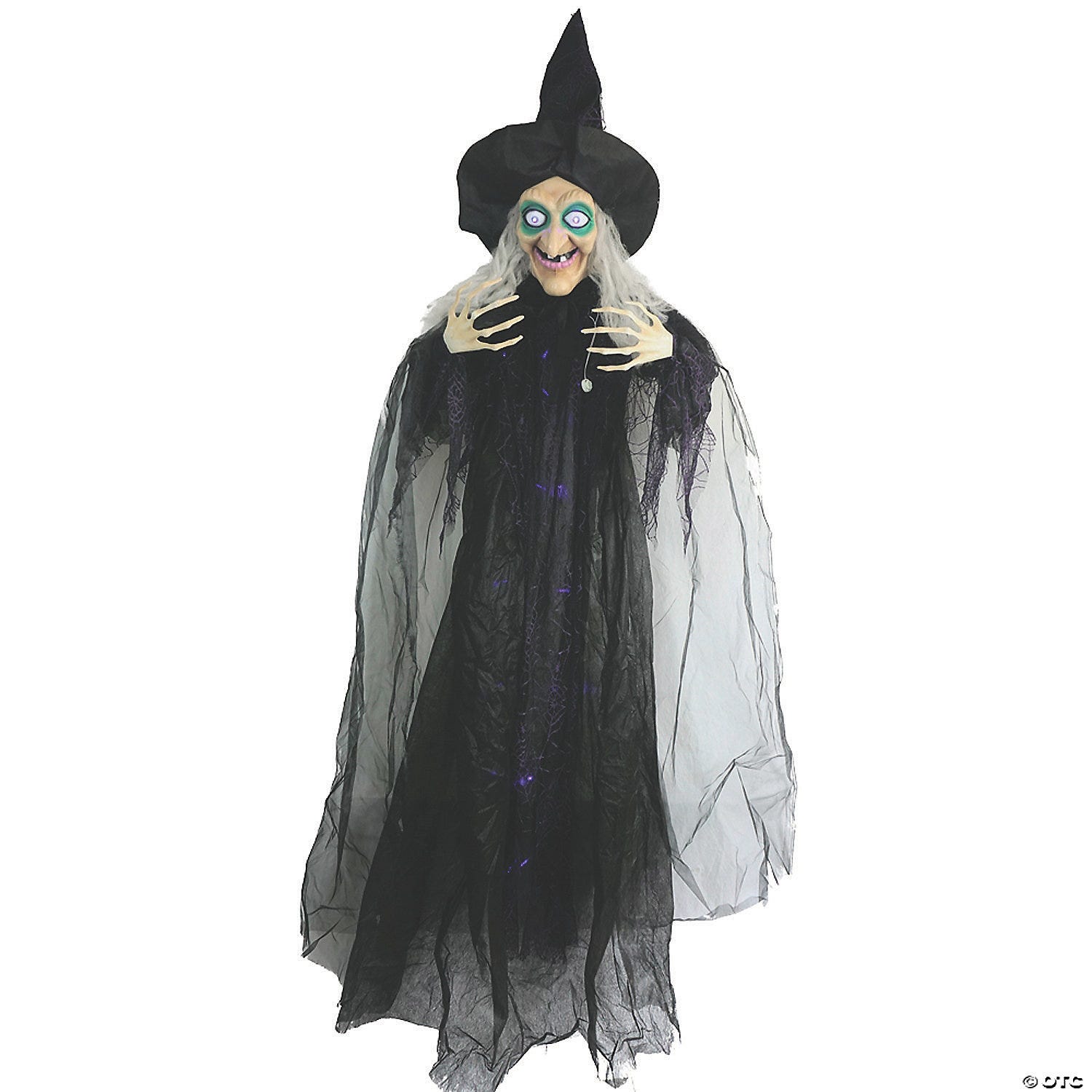 A witch Halloween decoration with glowing eyes, wearing a black hat and tattered robe, featuring a spooky skeletal appearance.