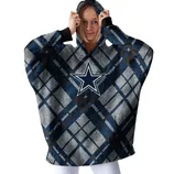 A person wears a plaid-patterned wearable blanket hoodie featuring a navy blue star logo on the front.