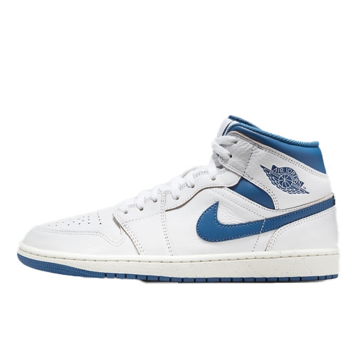 A high-top, white and blue Nike Air Jordan 1 sneaker.