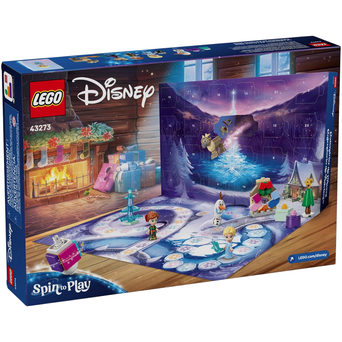 LEGO Disney set 43273 features a Frozen-themed advent calendar with characters and mini builds. Includes figures of Elsa, Anna, and Olaf, with a wintery background and a board game element called \“Spin to Play\“.