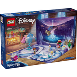 LEGO Disney set 43273 features a Frozen-themed advent calendar with characters and mini builds. Includes figures of Elsa, Anna, and Olaf, with a wintery background and a board game element called \“Spin to Play\“.