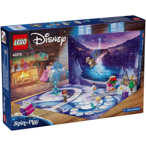 LEGO Disney set 43273 features a Frozen-themed advent calendar with characters and mini builds. Includes figures of Elsa, Anna, and Olaf, with a wintery background and a board game element called \“Spin to Play\“.