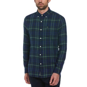A men's long-sleeve flannel shirt featuring a blue and green plaid pattern, button-down collar, and white buttons.