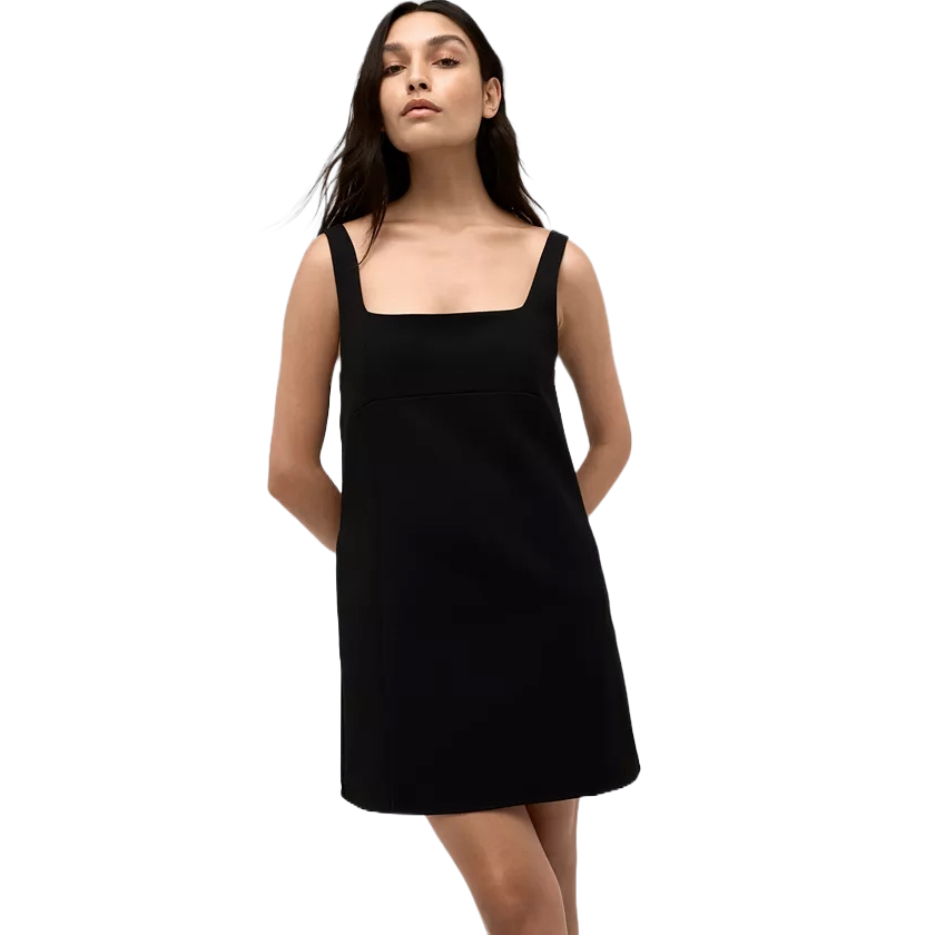Black sleeveless mini dress with square neckline, fitted bodice, and open-back design.