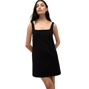 Black sleeveless mini dress with square neckline, fitted bodice, and open-back design.