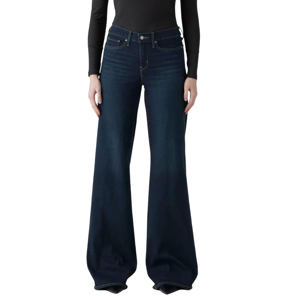 Dark blue high-waisted wide-leg jeans with a classic five-pocket design and button closure.