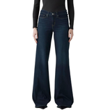Dark blue high-waisted wide-leg jeans with a classic five-pocket design and button closure.