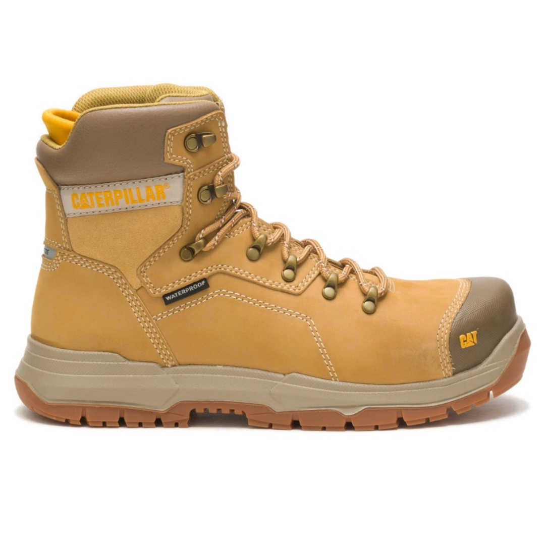 A tan Caterpillar waterproof work boot with metal eyelets, reinforced toe, and thick rubber sole for durability.