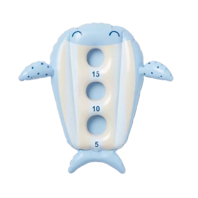 Inflatable blue whale pool toy with three holes labeled 5, 10, and 15, designed for a toss game.