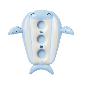 Inflatable blue whale pool toy with three holes labeled 5, 10, and 15, designed for a toss game.