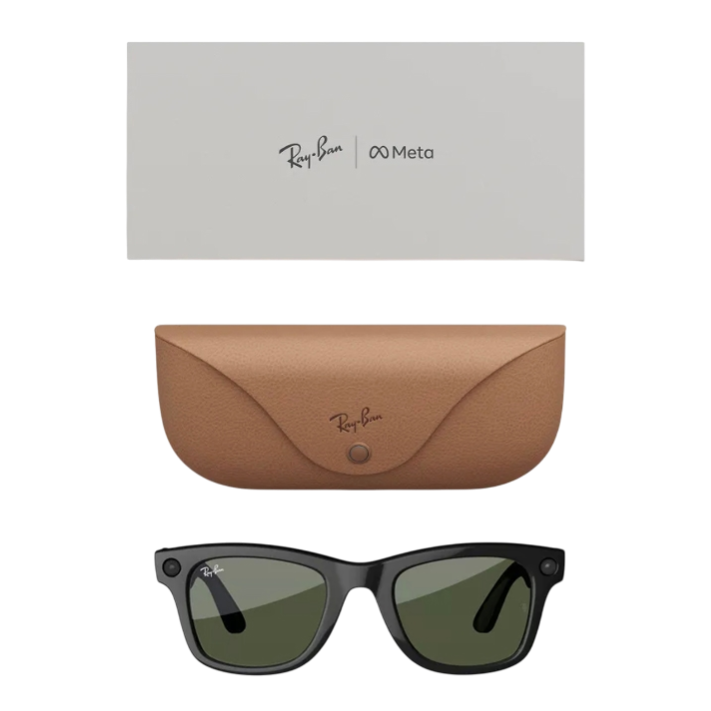 Ray-Ban and Meta collaboration featuring smart sunglasses with a black Wayfarer design, green lenses, and discreet tech features. Includes a tan leather case and branded packaging.