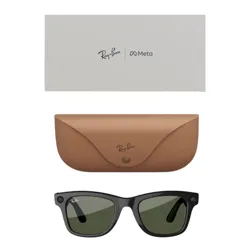 Ray-Ban and Meta collaboration featuring smart sunglasses with a black Wayfarer design, green lenses, and discreet tech features. Includes a tan leather case and branded packaging.