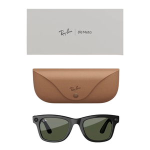 Ray-Ban and Meta collaboration featuring smart sunglasses with a black Wayfarer design, green lenses, and discreet tech features. Includes a tan leather case and branded packaging.