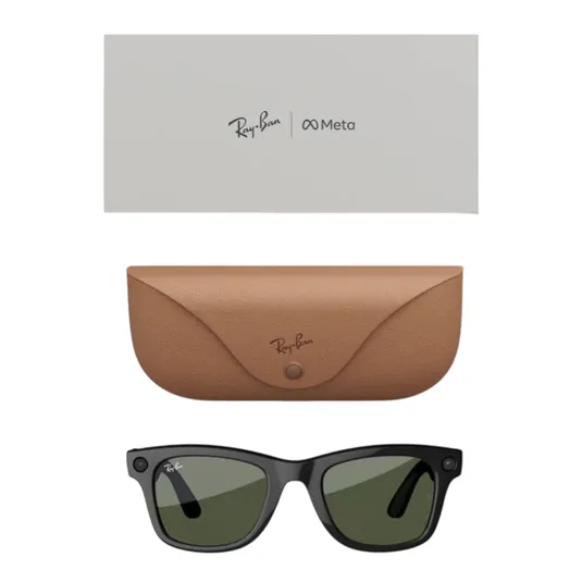 Ray-Ban and Meta collaboration featuring smart sunglasses with a black Wayfarer design, green lenses, and discreet tech features. Includes a tan leather case and branded packaging.