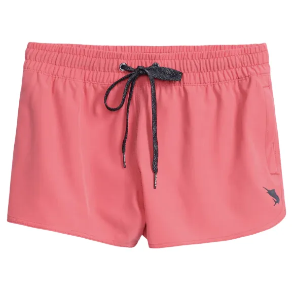 Coral-colored swim trunks with a black drawstring, elastic waistband, and a small marlin logo on the lower left.