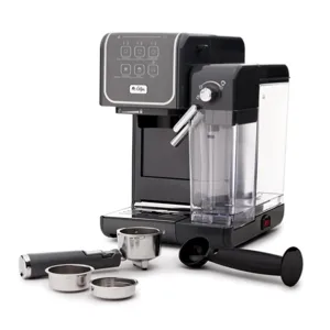 Espresso machine with a milk frother and removable water tank, accompanied by a portafilter, tamper, and interchangeable filter baskets.