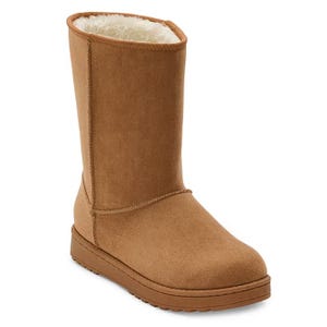 Tan suede boot with faux shearling lining and a flat rubber sole.