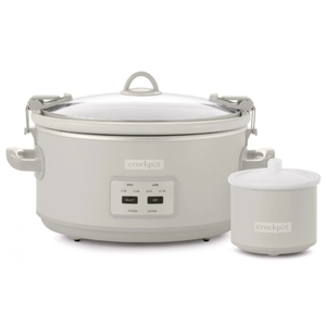 A Crock-Pot slow cooker with a digital control panel and locking lid, accompanied by a smaller dipper warmer.