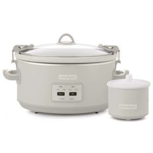 A Crock-Pot slow cooker with a digital control panel and locking lid, accompanied by a smaller dipper warmer.