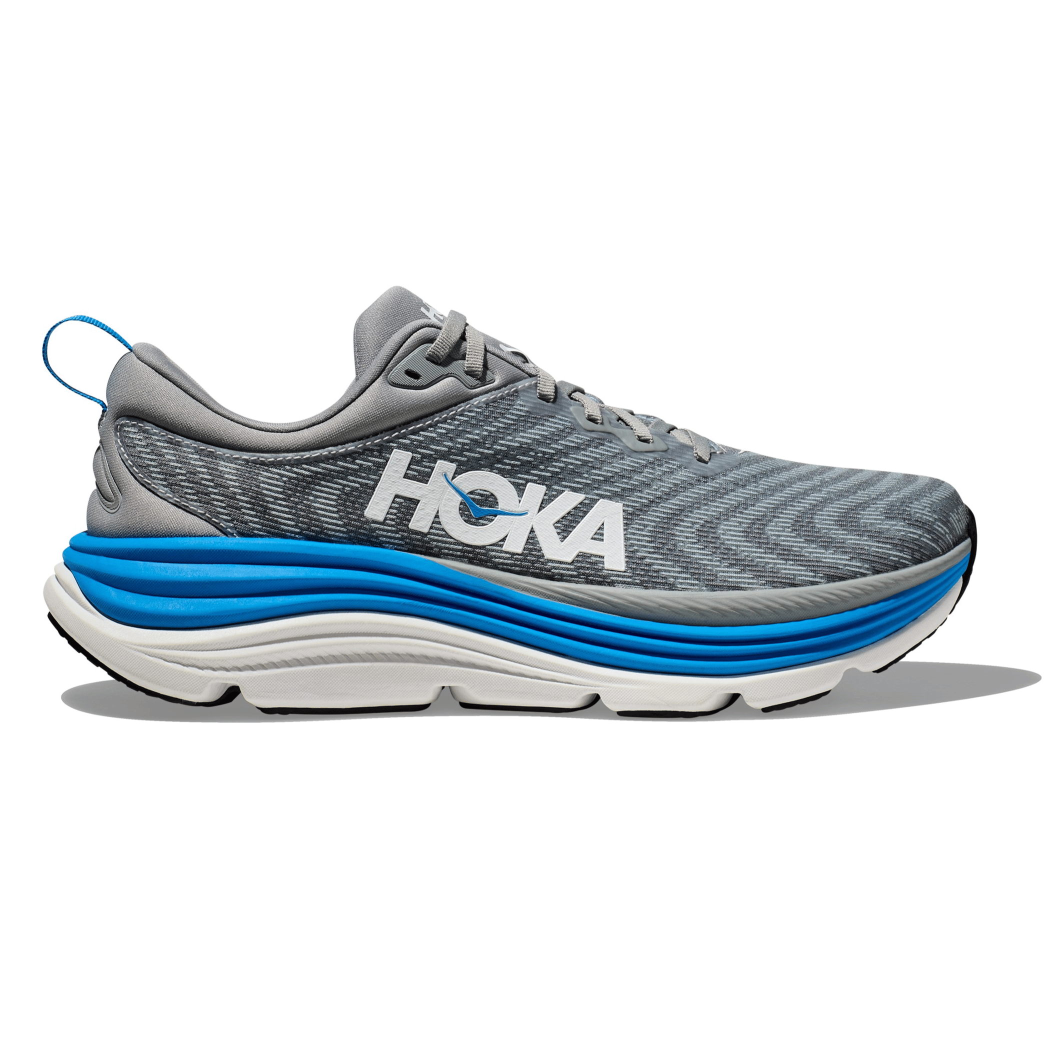 A grey and blue HOKA running shoe with a thick cushioned sole and breathable fabric upper.