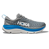 A grey and blue HOKA running shoe with a thick cushioned sole and breathable fabric upper.