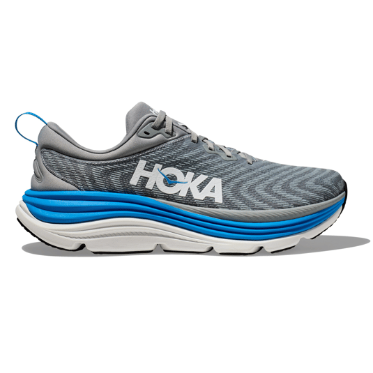 A grey and blue HOKA running shoe with a thick cushioned sole and breathable fabric upper.