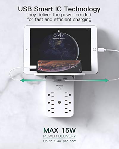 USB charging station with Smart IC Technology, featuring a tablet and smartphone charging simultaneously, providing up to 15W power delivery and up to 2.4A per port.