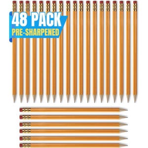 A pack of 48 pre-sharpened yellow pencils with erasers, arranged in rows.