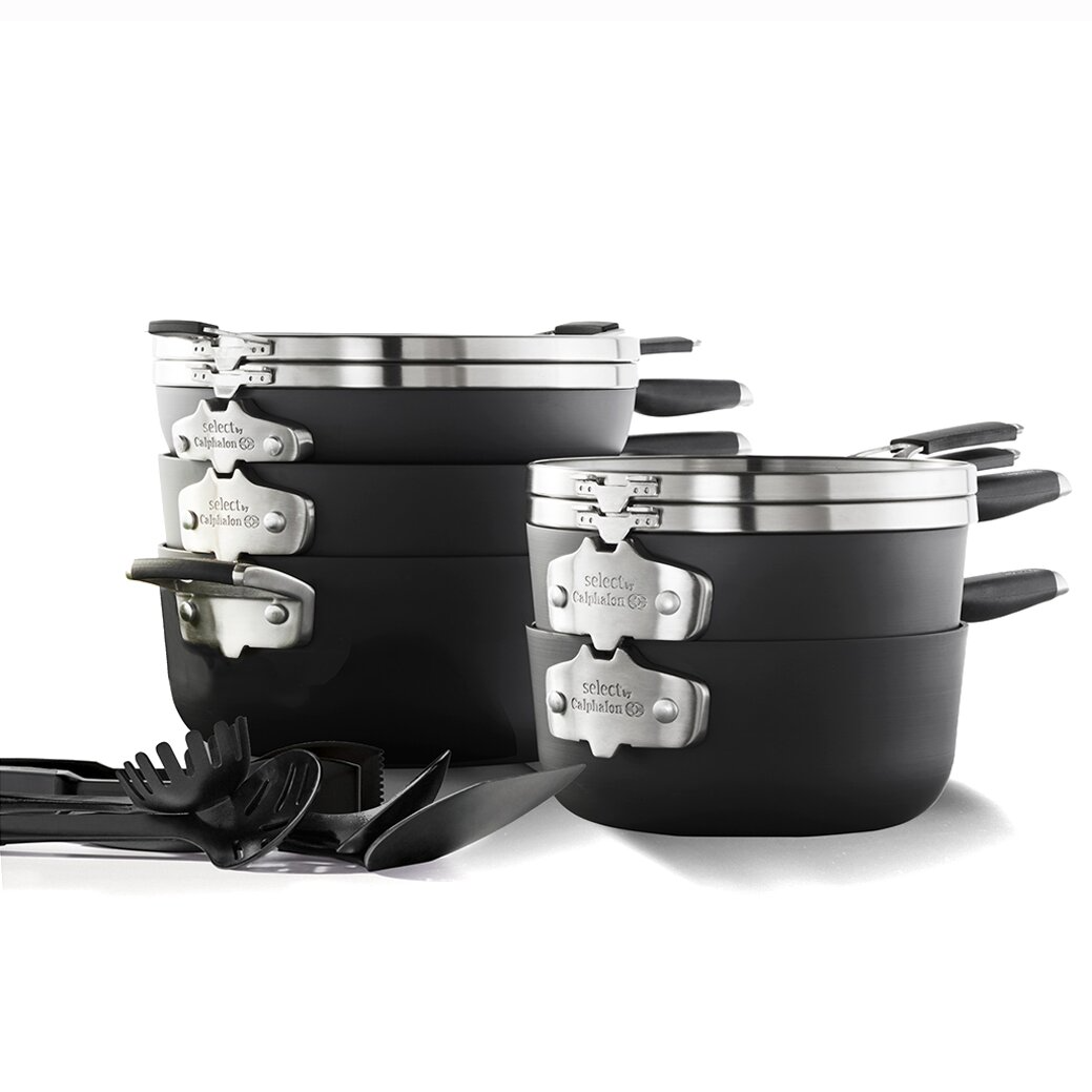 14-piece Calphalon Space-Saving Cook Set featuring stackable, nonstick pots and pans with durable stainless steel handles. Includes cookware like saucepans and stockpots along with utensils, designed to save 30% more space in your kitchen.