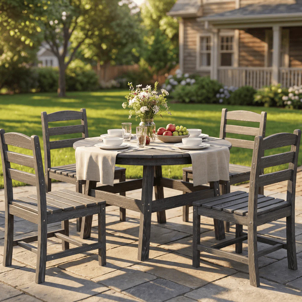 A round wooden outdoor dining set on a patio with four chairs, a table adorned with a linen runner, flowers, and a fruit bowl. A wooden house and lush garden are visible in the background.