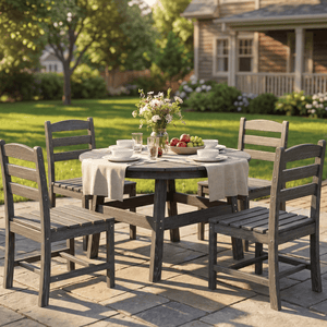 A round wooden outdoor dining set on a patio with four chairs, a table adorned with a linen runner, flowers, and a fruit bowl. A wooden house and lush garden are visible in the background.