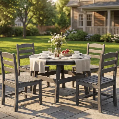 A round wooden outdoor dining set on a patio with four chairs, a table adorned with a linen runner, flowers, and a fruit bowl. A wooden house and lush garden are visible in the background.