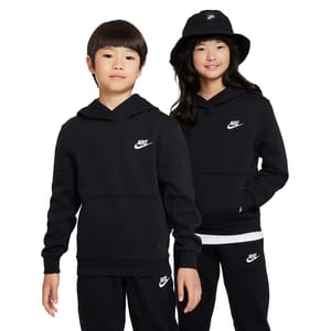 Two children are wearing black Nike hoodies and sweatpants. One child is also wearing a black Nike bucket hat.