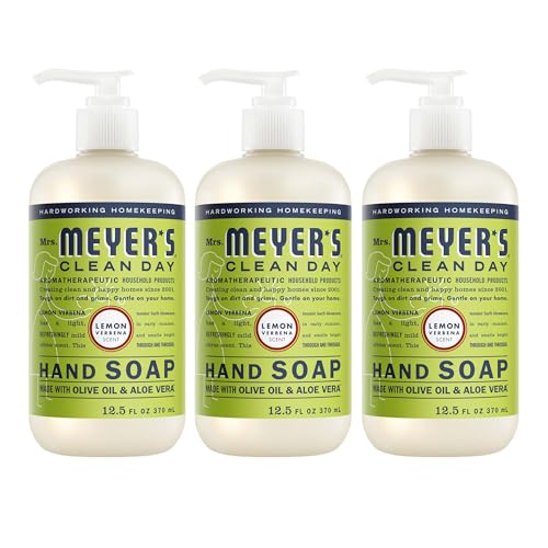 Three bottles of Mrs. Meyer's Clean Day Hand Soap, Lemon Verbena scent, 12.5 fl oz each, with olive oil and aloe vera.